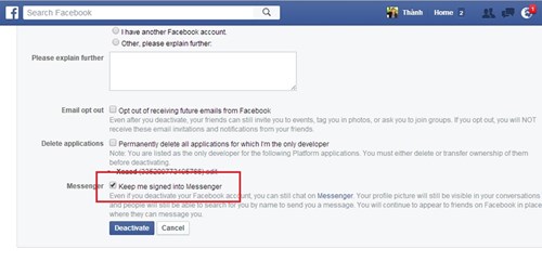 
Tùy chọn cho phép bạn xóa tài khoản Facebook nhưng vẫn có thể dùng tài khoản này để sử dụng Facebook Messenger - Ảnh chụp màn hình
