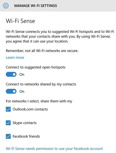 
Tính năng Wi-Fi Sense tiện cho bạn kết nối mạng Wi-Fi mà bạn bè trong danh sách liên lạc chia sẻ với bạn.
