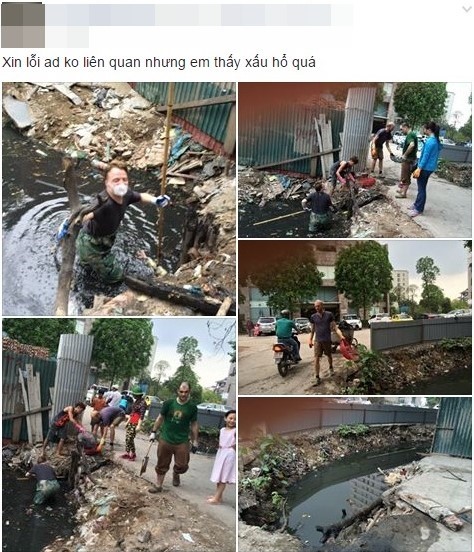 James cùng những người bạn không ngần ngại lội xuống cống bẩn tại Hà Nội để dọn rác. Ảnh: Facebook Mẹ Tí.