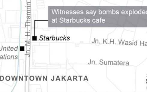 Vị trí một điểm xảy ra nổ bom ở Jakarta. Nguồn: Maps4News.