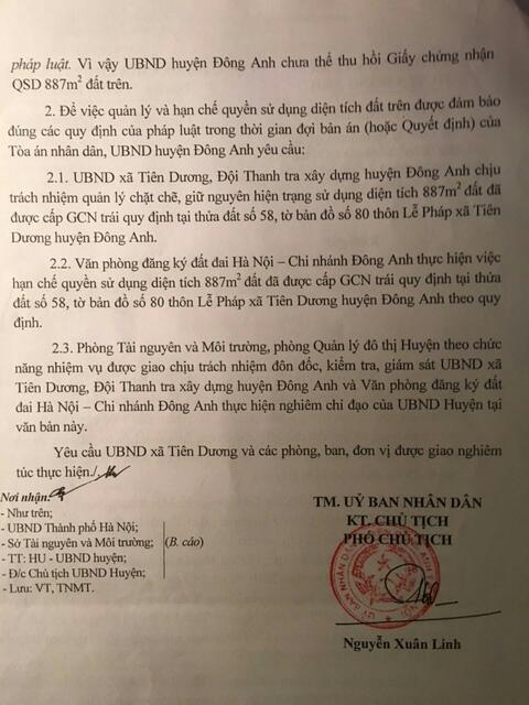 UBND huyện Đông Anh đã yêu cầu các bộ phận liên quan quản lý chặt chẽ 887m2 đã cấp GCN trái quy định. Ảnh: TG