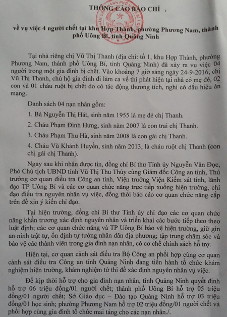 
Thông cáo báo chí về vụ án. Ảnh: Đ. Tuỳ
