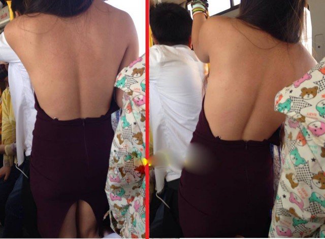 Một cô gái mặc chiếc váy xẻ khá táo bạo, hở trọn phần khi đang chen chúc trên chuyến xe đông người từng bị cộng đồng mạng chê bai.