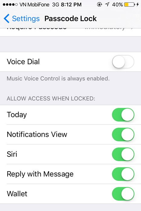 
Tắt Siri/Voice Dial, thiết bị sẽ không thể truy cập bằng giọng nói
