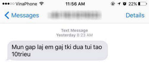 
Nội dung tin nhắn tống tiền từ một số điện thoại lạ, được x&aacute;c định l&agrave; SIM r&aacute;c (Ảnh do gia đ&igrave;nh cung cấp).
