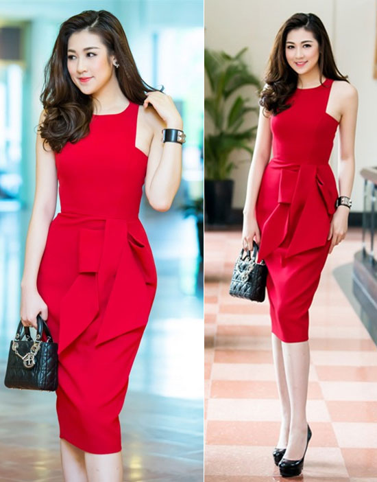 Bạn đang băn khoăn lựa chọn một style đi dự tiệc, thì set đồ như Á hậu Tú Anh là chuẩn không cần chỉnh. Váy đỏ sẽ giúp chủ nhân tôn làn da trắng. Phụ kiện giày, túi đeo mini đen rất thanh lịch và đáng yêu.