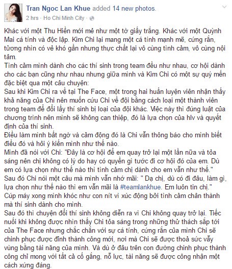 
 Chia sẻ của nữ huấn luyện viên về Kim Chi. Ảnh: Facebook
