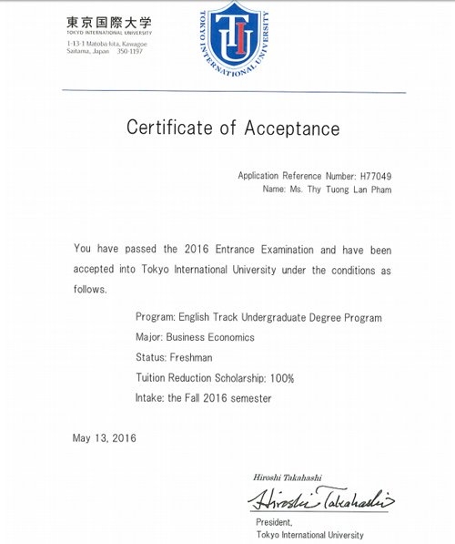 Lan Thy nhận học bổng toàn phần của trường ĐH Quốc tế Tokyo, Nhật Bản