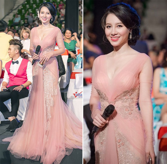 MC Minh Hà xinh đẹp như công chúa nhờ đầm hồng khoét sâu ngực, ôm sát eo.