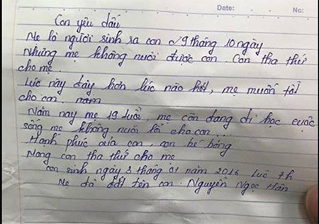 
Theo thông tin trong lá thư mà người mẹ để lại, bé tên là Nguyễn Ngọc Hân, sinh ngày 3/1/2016.

