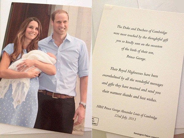 
Thiệp cảm ơn của hoàng tử William và công nương Kate khi hạ sinh con trai.
