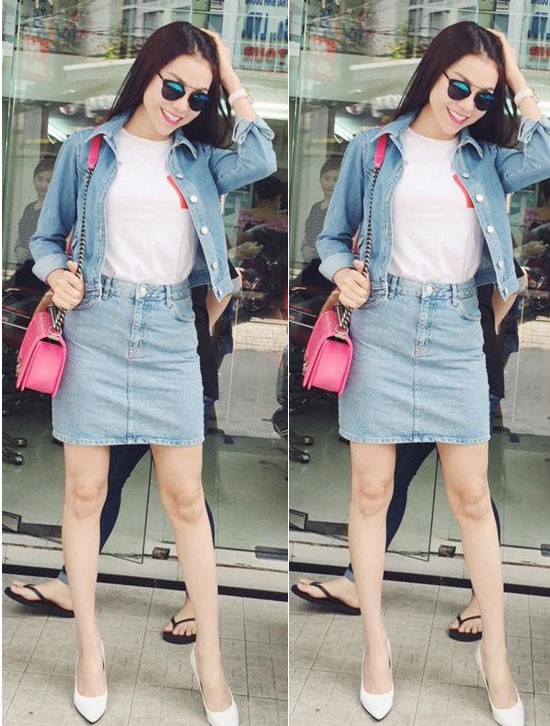 Trà Ngọc Hằng thể hiện sự ưu ái mạnh mẽ dành cho thời trang jean và denim. Cô liên tục biến hóa với nhiều set đồ thu hút mọi ánh nhìn.