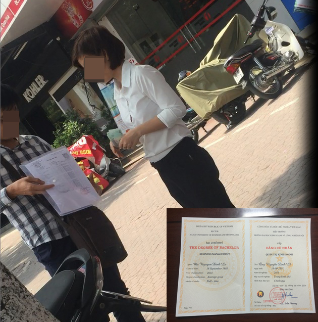 Tấm bằng đại học của sinh viên Nguyễn Đình Lễ (ảnh nhỏ) và PV đã bỏ 3 triệu đồng để nhận bằng từ tay “cò” (ảnh cắt từ clip).