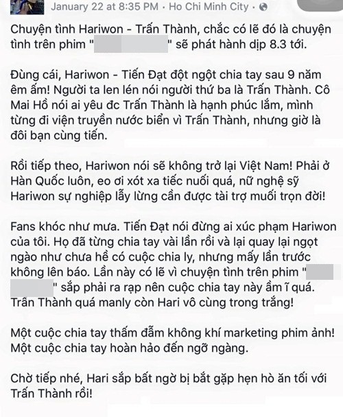 Status đăng tải hôm 22/1 đã dự đoán Hari Won - Trấn Thành sẽ lộ ảnh hẹn hò.