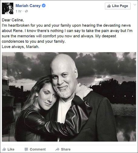 
Nữ ca sĩ Mariah Carey đã chia buồn với Celine Dion thông qua một đăng tải trên mạng xã hội.

Theo Dân Trí

 
