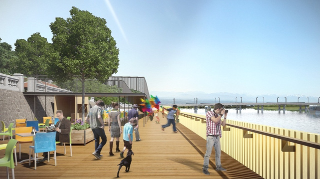 Phối cảnh Tp Huế sẽ có cầu đi bộ lát gỗ rộng 4m một bên bờ sông Hương.