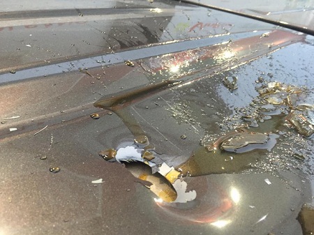 Chai mật ong rơi vỡ tung tóe, thủng cả nóc ô tô tại Tòa nhà Sông Hồng. Ảnh: FB