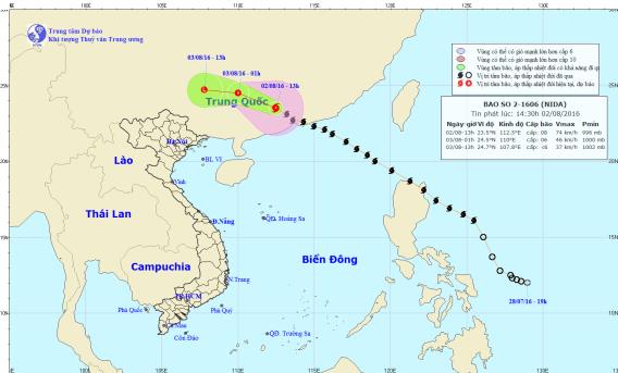 Vị trí và đường đi của cơn bão. Ảnh: NCHMF lúc 14h30