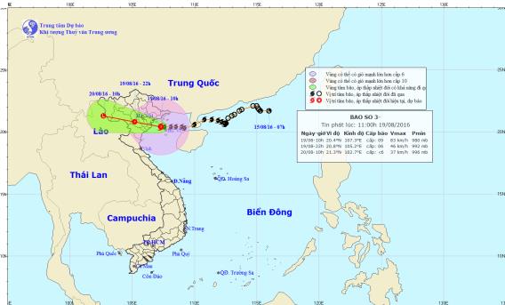 Vị trí và đường đi của bão số 3. Ảnh: NCHMF