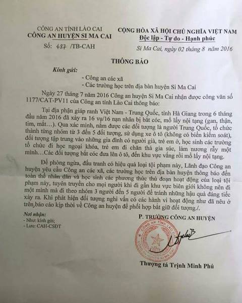 
Công văn của Công an huyện Si Ma Cai (Lào Cai) gửi công an xã và các trường trên địa bàn huyện. Ảnh T.L
