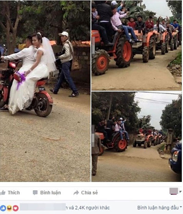 
Đám cưới rước dâu bằng máy cày gây ấn tượng cho cộng đồng mạng.
