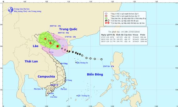 Hướng và đường đi của cơn bão số 1. Hình ảnh lúc 14h30 27/7 trên trung tâm khí tượng thủy văn trung ương