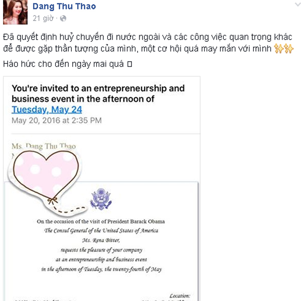 
Thư mời của được Hoa hậu Đặng Thu Thảo đăng tải.

