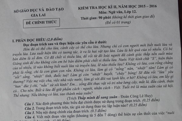 Đề thi Ngữ văn của Sở GD&ĐT Gia Lai có trích đoạn được cho là “hại não”. Ảnh: TL