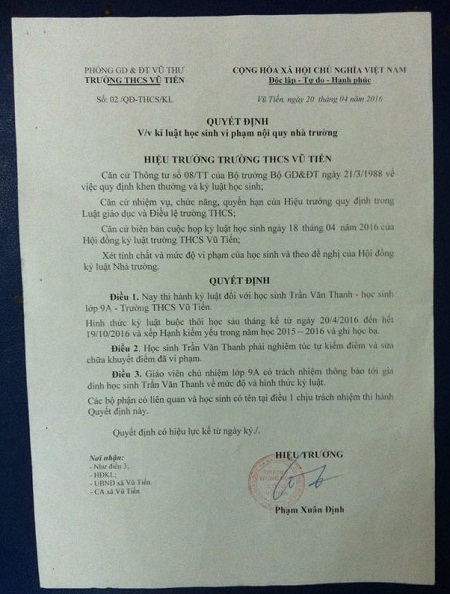 Hiện tại Sở GD&ĐT Thái Bình đã hủy Quyết định kỷ luật 3 học sinh trường THCS Vũ Tiến. Ảnh: Q.Anh