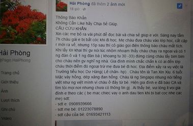 
Thông tin bé Xiu bị bắt cóc tại trường đăng tải trên mạng xã hội đã gây hoang mang dư luận.
