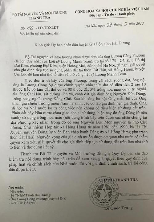 
Công văn chỉ đạo của Thanh tra Bộ Tài nguyên và Môi trường đối với trường hợp của gia đình anh Phượng
