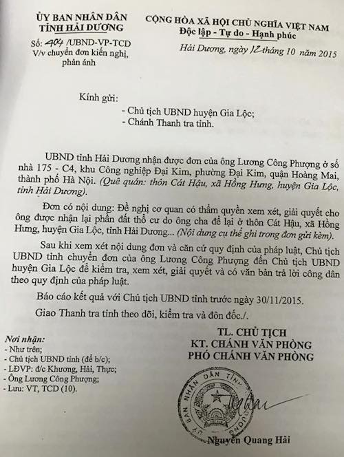 
Mặc cho UBND tỉnh Hải Dương nhiều lần có công văn yêu cầu giải quyết dứt điểm khiếu nại của công dân nhưng UBND huyện Gia Lộc vẫn phớt lờ
