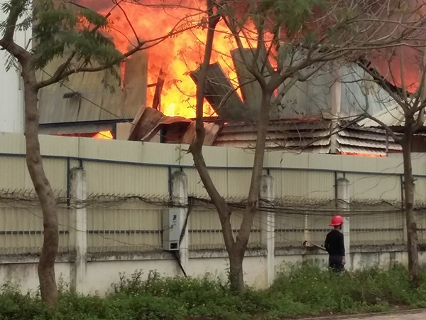 
Đám cháy dữ dội tại KCN Quế Võ - Bắc Ninh đang được lực lượng tìm cách dập tắt. Ảnh: Atofun
