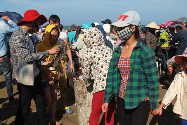 Chứng kiến cảnh rác bị người dân xả vô tội vạ trên bãi biển, một nhóm bạn trẻ gồm 15 thành viên đến từ xã Đô Thành (huyện Yên Thành, Nghệ An) đã cùng nhau xắn tay, đội nắng chen lẫn giữa đám đông thu gom rác thải. Ảnh: Phan Ngọc