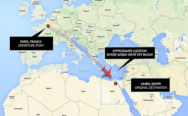 
Một bản đồ radar cho thấy con đường của máy bay đi du lịch từ Pháp và sau đó dừng lại ở Biển Địa Trung Hải trước khi đến Ai Cập, nơi mà nó đã mất liên lạc với kiểm soát không lưu.
