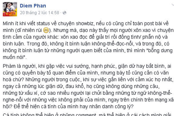 
Ngọc Diễm chia sẻ quan điểm của bản thân trên trang cá nhân về việc người việc ta.
