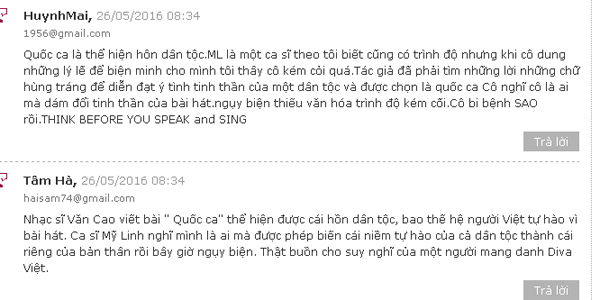 
Nhiều độc giả đã thể hiện thái độ gay gắt với lần phá cách Quốc ca của Mỹ Linh.
