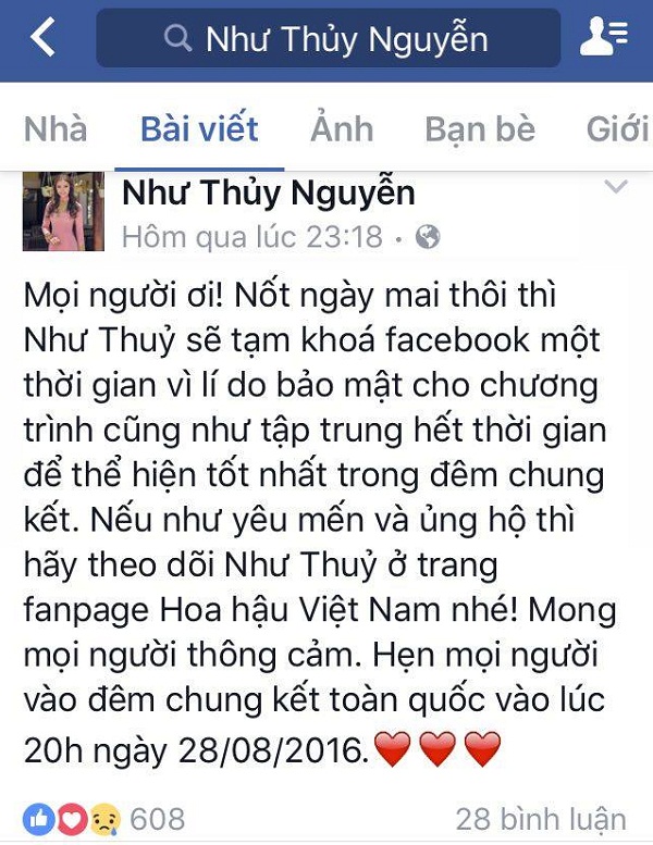 Thí sinh Nguyễn Thị Như Thủy (Đà Nẵng) bất ngờ tạm khóa facebook cá nhân.