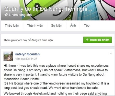 Du khách Katelin Scanlan phản ánh trên trang facebook Quản lý đô thị Đà Nẵng.