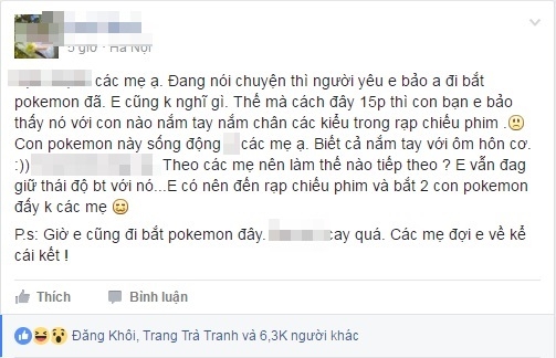 
Dòng trạng thái của cô gái khi bắt gặp người yêu săn Pokemon với em họ
