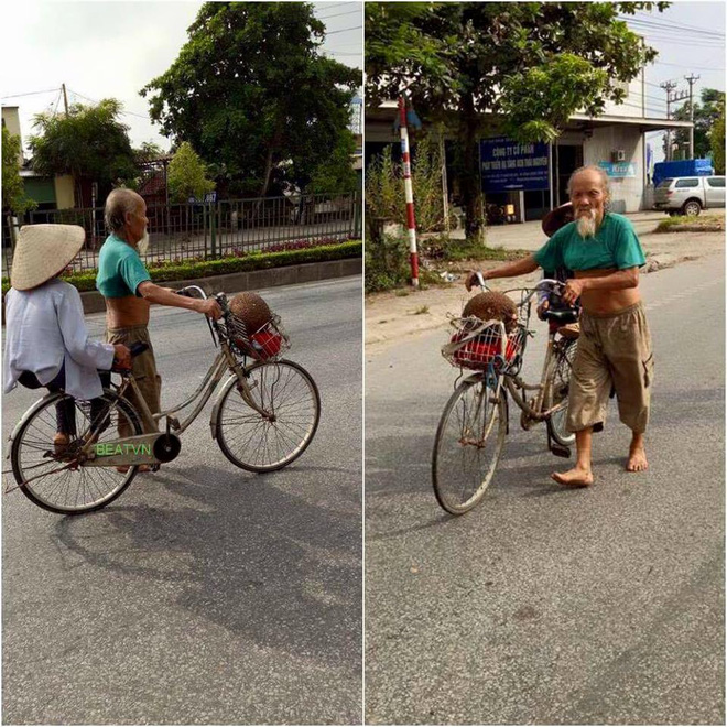 Hình ảnh cụ ông đi chân đất, dắt xe đạp cho cụ bà cùng đi bán quả mít quê thật đẹp biết bao.