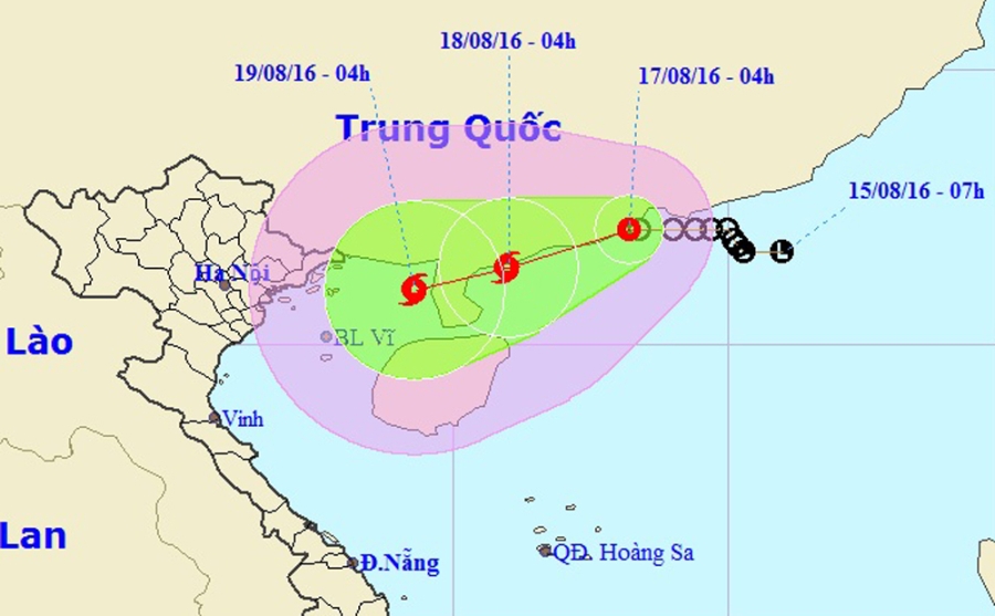 Vị trí và hướng di chuyển của áp thấp nhiệt đới (Ảnh: Trung tâm Dự báo Khí tượng Thủy văn Trung ương).