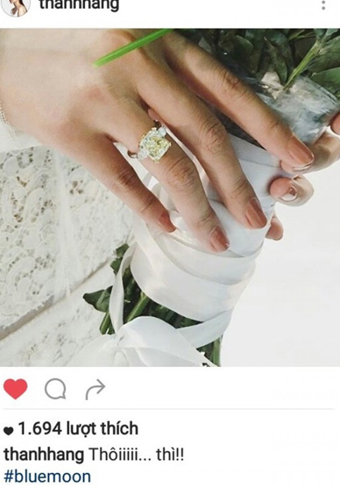 
Thanh Hằng chia sẻ ảnh đeo nhẫn trên Instagram.
