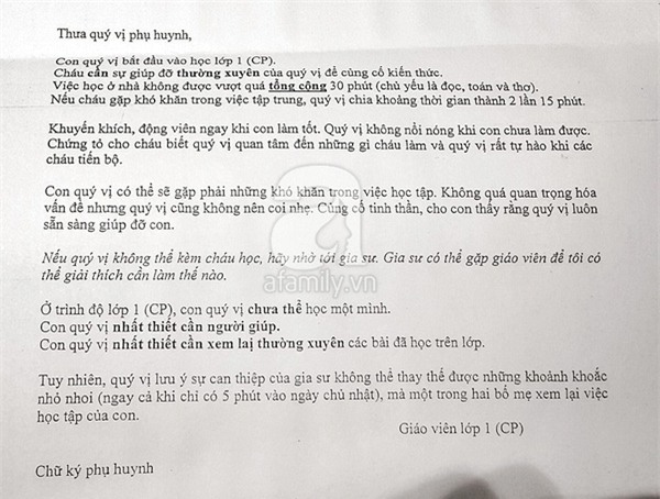 Lá thư cô giáo lớp 1 gửi cho phụ huynh sau ngày khai giảng năm học mới. (Ảnh: Phương Nguyễn)