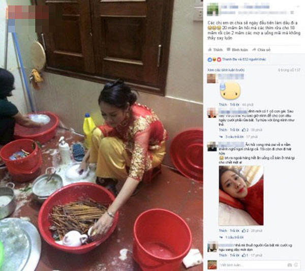 Cô dâu xinh đẹp nổi tiếng khắp mạng xã hội vì hình ảnh khéo léo đảm đang ngồi rửa bát trong bộ áo dài cưới.
