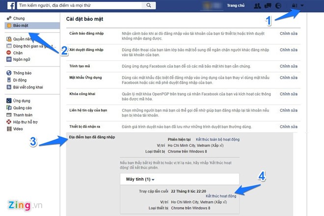 
Người dùng có thể kiểm tra tất cả các thiết bị và vị trí khi đăng nhập vào tài khoản Facebook.
