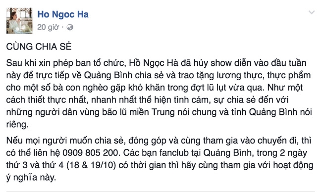 Nữ ca sĩ vận động fanclub Quảng Bình tham gia vào chuyến đi thiện nguyện ý nghĩa trên trang cá nhân.