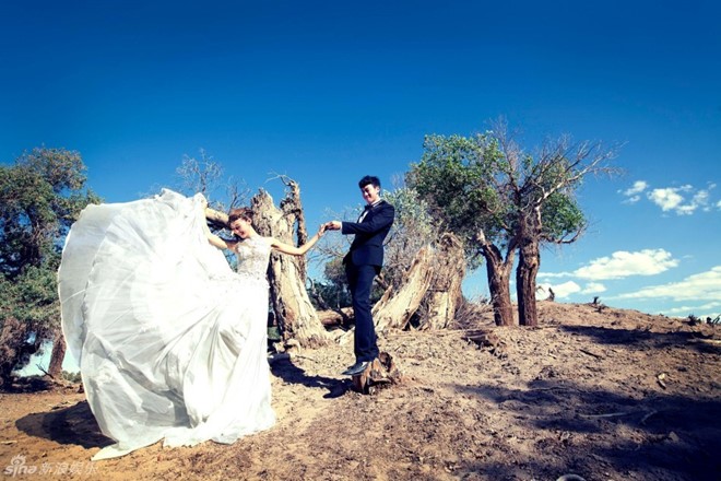 
 Cô dâu và chú rể thướt tha trong những bộ ảnh giữa sa mạc hoang sơ.
