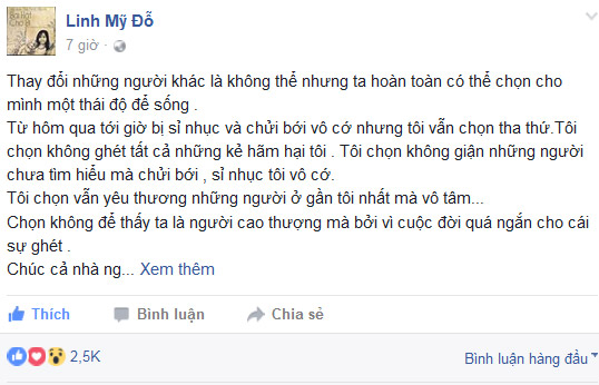 
Dòng trạng thái của Mỹ Linh thu hút hơn 2,5 lượt Like, hàng chục lượt chia sẻ và hàng trăm bình luận.
