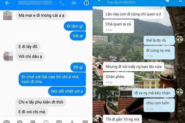 Tin nhắn Thuần nhắn cho 2 người với 2 nội dung khác nhau, lúc thì nói là đi chơi với người yêu, lúc thì nói là đi lấy đồ với chị dâu. Ảnh: Gia đình cung cấp